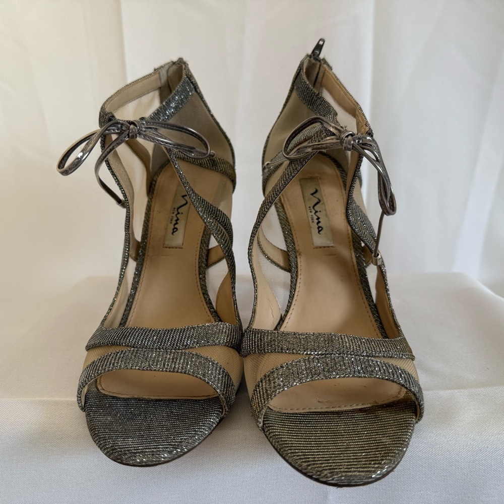 Nina Cherie Silver Strappy Mesh Tie Peep Toe Dress Sandals